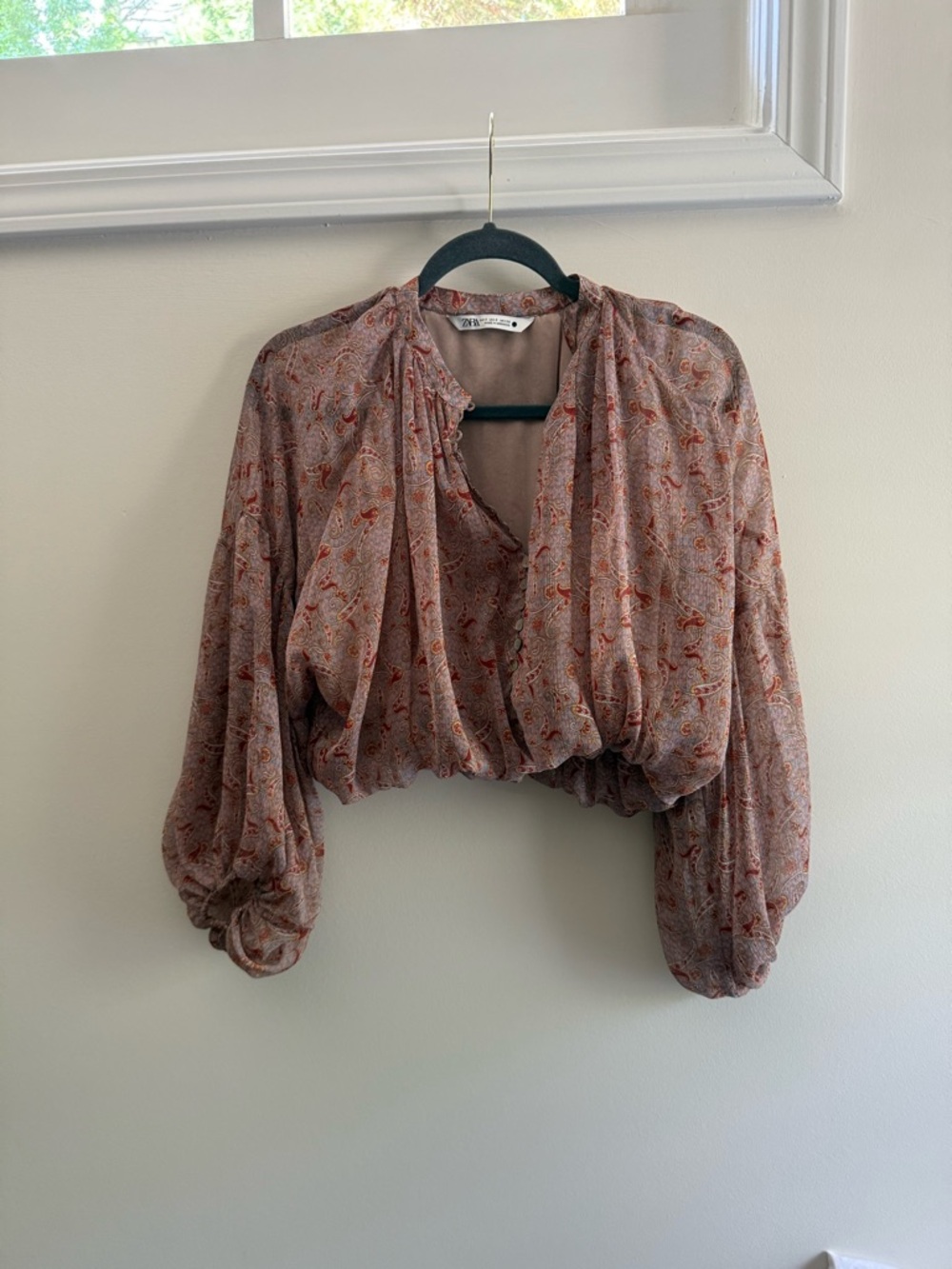 Zara Blush Pink Paisley Cropped Peasant Blouse